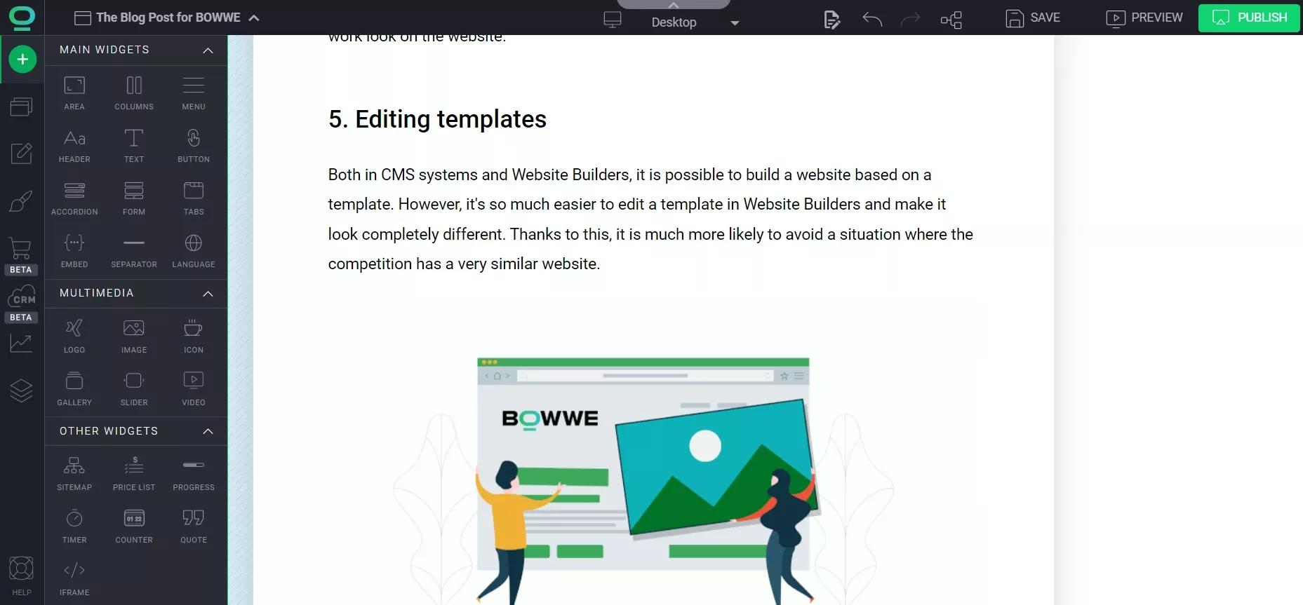 Screenshot of the BOWWE website builder